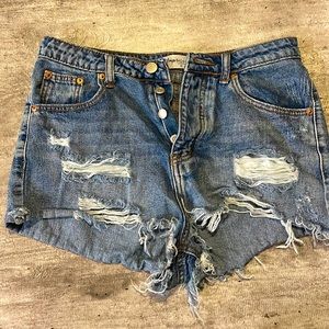 High rise medium denim distressed jean shorts